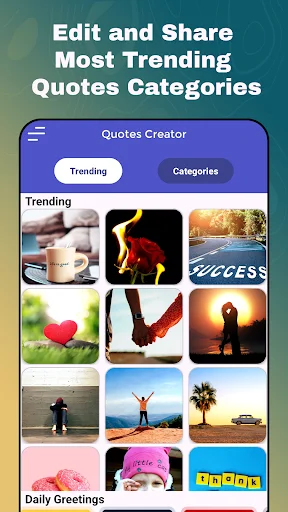 Daily Quotes trending and category browser displaying grid of inspirational quote templates including love, success, and greeting themes