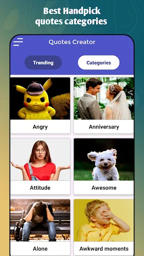 Quote category selector with handpicked inspirational categories: Angry, Anniversary, Attitude, Awesome, Alone, and Awkward moments