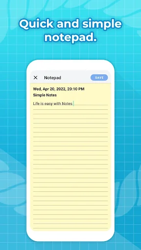 Notepad app showing simple yellow lined note page with title and timestamp for quick note-taking