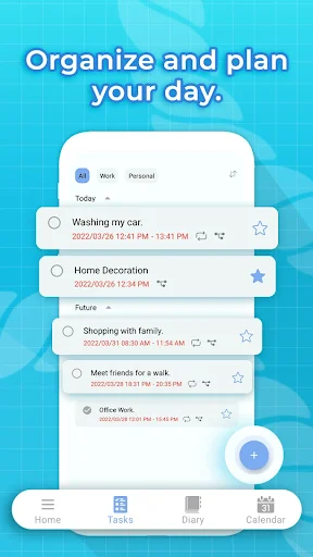 Task organizer view with to-do lists including washing car, home decoration, and work reminders with timestamps
