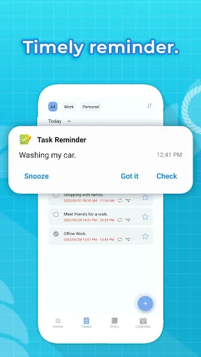 Task reminder notification for washing car with snooze, got it, and check options in productivity app