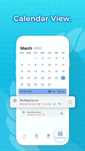 Calendar view showing March 2022 with tasks and reminders listed below for daily planning and organization