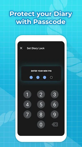Passcode protection screen with PIN entry keypad to secure and lock diary entries in Notepad app