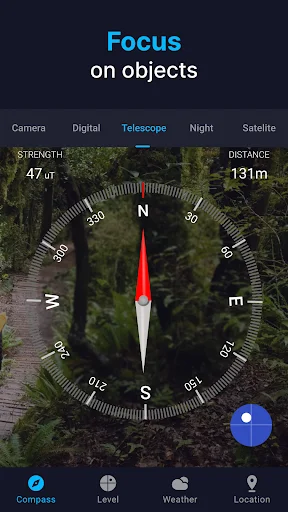 Telescope focus mode with camera viewfinder and compass overlay showing north direction and distance measurements