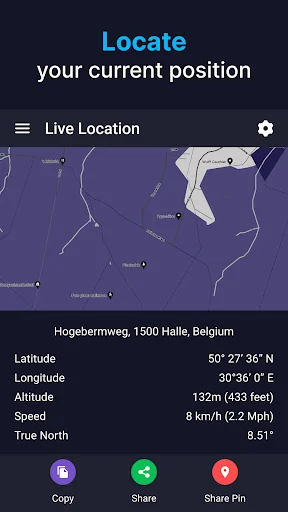 Location finder displaying current position map with latitude, longitude, altitude, speed, and share options
