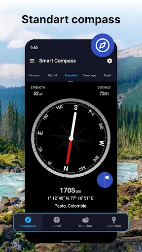 Standard compass mode displaying south direction at 170 degrees with magnetic strength, distance readings, and location data