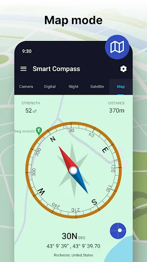 Map mode interface showing compass overlay on satellite map view with GPS coordinates for Rochester, United States