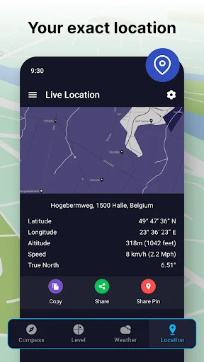 Live location screen with detailed GPS coordinates, altitude, speed, and true north data for Belgium on purple map