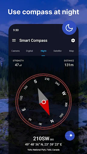 Night mode compass with dark theme and red accent showing 210 degrees southwest direction with magnetic strength