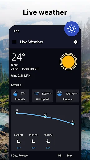 Live weather screen displaying 24-degree temperature, humidity, wind speed, pressure, and 5-day forecast graph