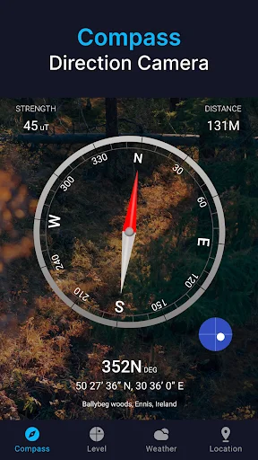 Compass direction camera mode showing 352-degree heading with GPS coordinates and magnetic field strength indicator