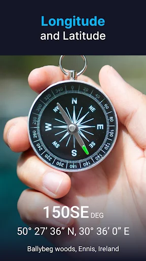 Physical compass held in hand showing longitude and latitude coordinates for Ballybeg woods, Ennis, Ireland