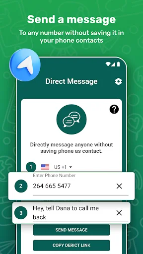 Direct Chat & Messaging app main screen showing phone number input, message field, and send message button