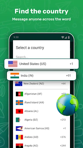 Country selection screen in Direct Chat app with searchable list of countries and international dialing codes