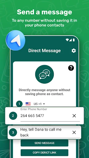 Direct messaging interface with US country code selector, phone number entry, and custom message composition