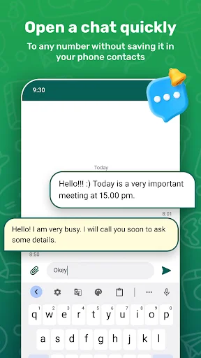 Quick chat window with message bubbles and mobile keyboard for instant messaging without adding contacts to phonebook