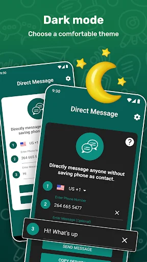 Dark theme interface of Direct Message app with phone number input and messaging options for comfortable use