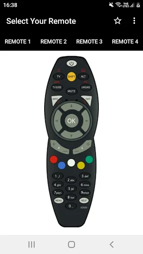 DSTV Remote Control App interface showing Remote 1 with yellow TV button, directional pad, OK button, and number keys