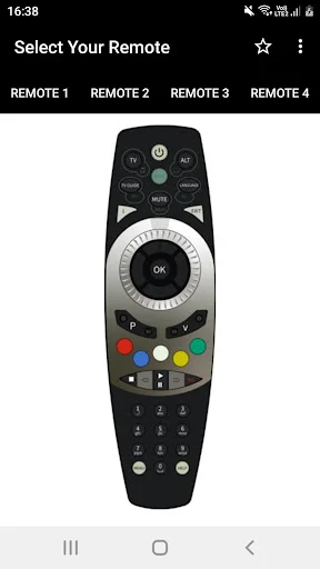 DSTV Remote Control App displaying Remote 2 with silver circular dial, OK center button, and colorful control buttons