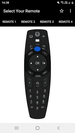 DSTV Remote Control App Remote 4 with blue highlighted button, OK navigation pad, search button, and number keys