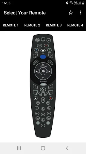 DSTV Remote Control App Remote 5 showing dark themed interface with circular OK button and full function layout