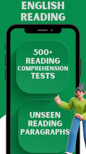 English Reading app with 500+ comprehension tests and unseen reading paragraphs for reading fluency practice