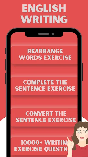 English Writing app with word rearrangement, sentence completion, and 10000+ writing exercises for practice