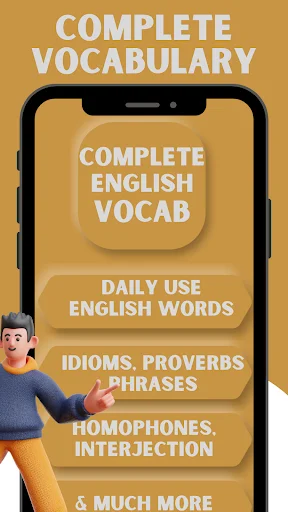 Complete Vocabulary app showing daily English words, idioms, proverbs, and homophones for vocabulary building