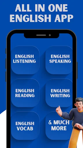 All in One English App menu displaying listening, speaking, reading, writing, vocabulary, and additional modules