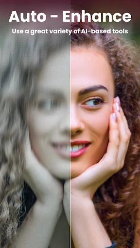 Auto-Enhance AI photo editor showing before and after comparison of blurry to clear portrait photo enhancement