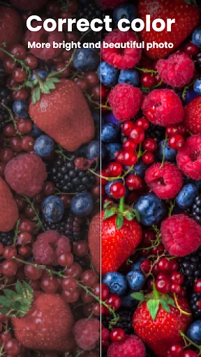 Color correction tool showing before and after of berries photo with enhanced brightness and vibrant colors