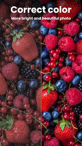 Correct color feature brightening dull berry photo to vivid, saturated colors with AI enhancement