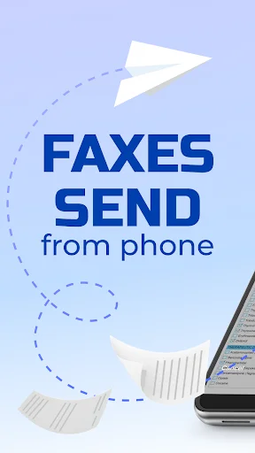 Fax app home screen showing paper airplane icon with text 'FAXES SEND from phone' and business documents