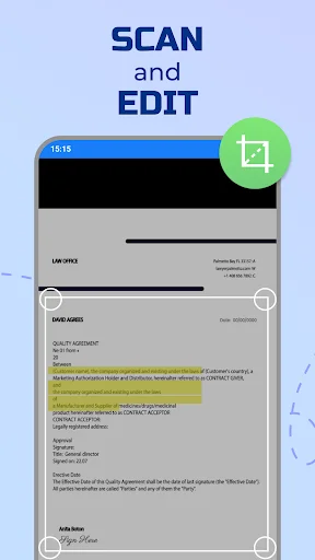 Scan and edit feature in fax app showing document with highlighted text and crop editing tools