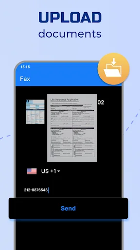Upload documents screen in fax app with country selector, phone number input, and send fax button