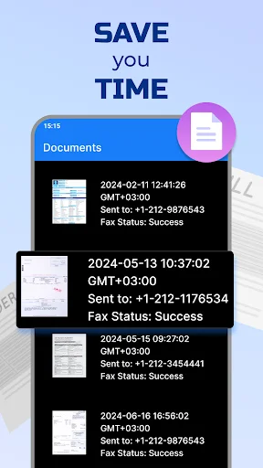 Fax history screen showing sent documents list with timestamps, recipient numbers, and success status