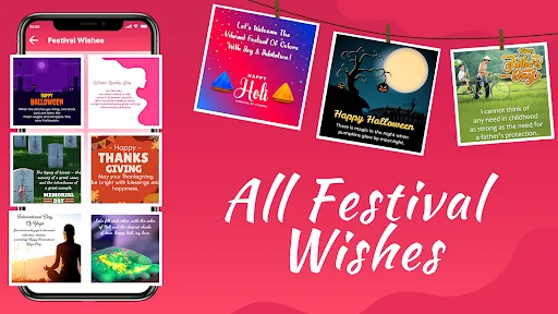 All Festival Wishes app home screen showcasing colorful greeting cards for Diwali, Holi, Halloween, and other occasions