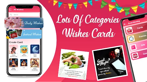 All Wishes app interface with daily wishes, festival wish categories, create card feature, and customizable greeting card options