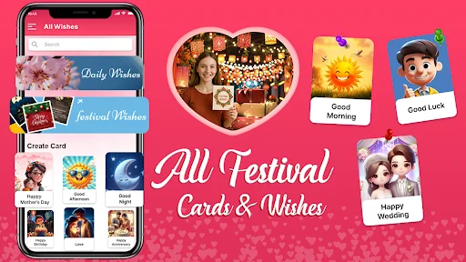 Festival Cards and Wishes app displaying customizable occasion cards for morning wishes, weddings, and good luck messages
