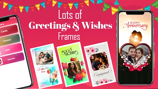 Greetings and Wishes photo frames for occasions including Happy Anniversary, Good Morning, and Engagement with custom templates