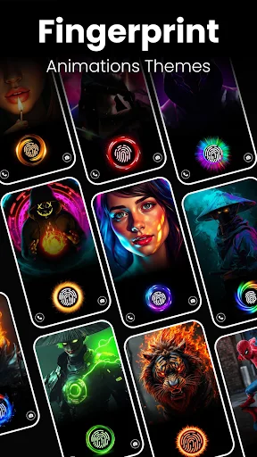 Fingerprint Animation Themes gallery with character designs and colorful animated fingerprints for phone personalization