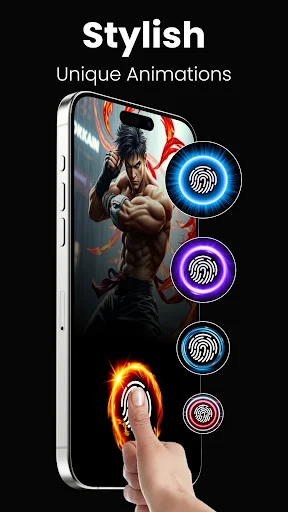 Interactive Fingerprint Animation Theme featuring muscular character with colorful animated fingerprint lock screen buttons