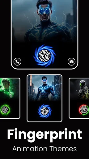 Cyborg character theme with blue glowing fingerprint animation and additional theme selection options