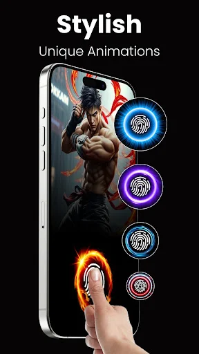 Interactive smartphone showing colorful animated fingerprint buttons demonstrating unique animation effects