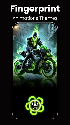 Green neon motorcycle rider theme featuring glowing fingerprint animation wallpaper