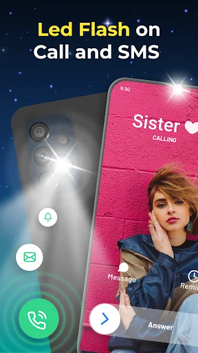 Led Flash on Call and SMS app showing phone with LED flashlight alerts for incoming calls and messages