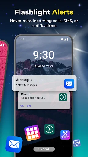 Flashlight Alerts notification screen displaying 2 new messages with flash alert icons for calls and SMS