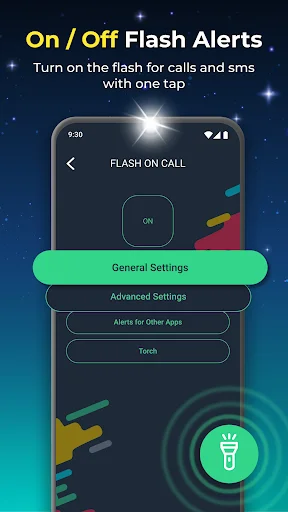 Flash alert settings screen with ON/OFF toggle for call and SMS flash notifications and torch feature