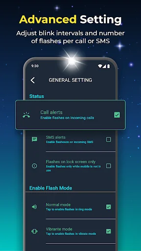 Advanced settings menu showing blink intervals and flash mode options for call and SMS alerts