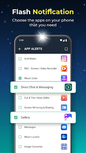 App notification selector screen for choosing which apps trigger LED flash alerts and notifications